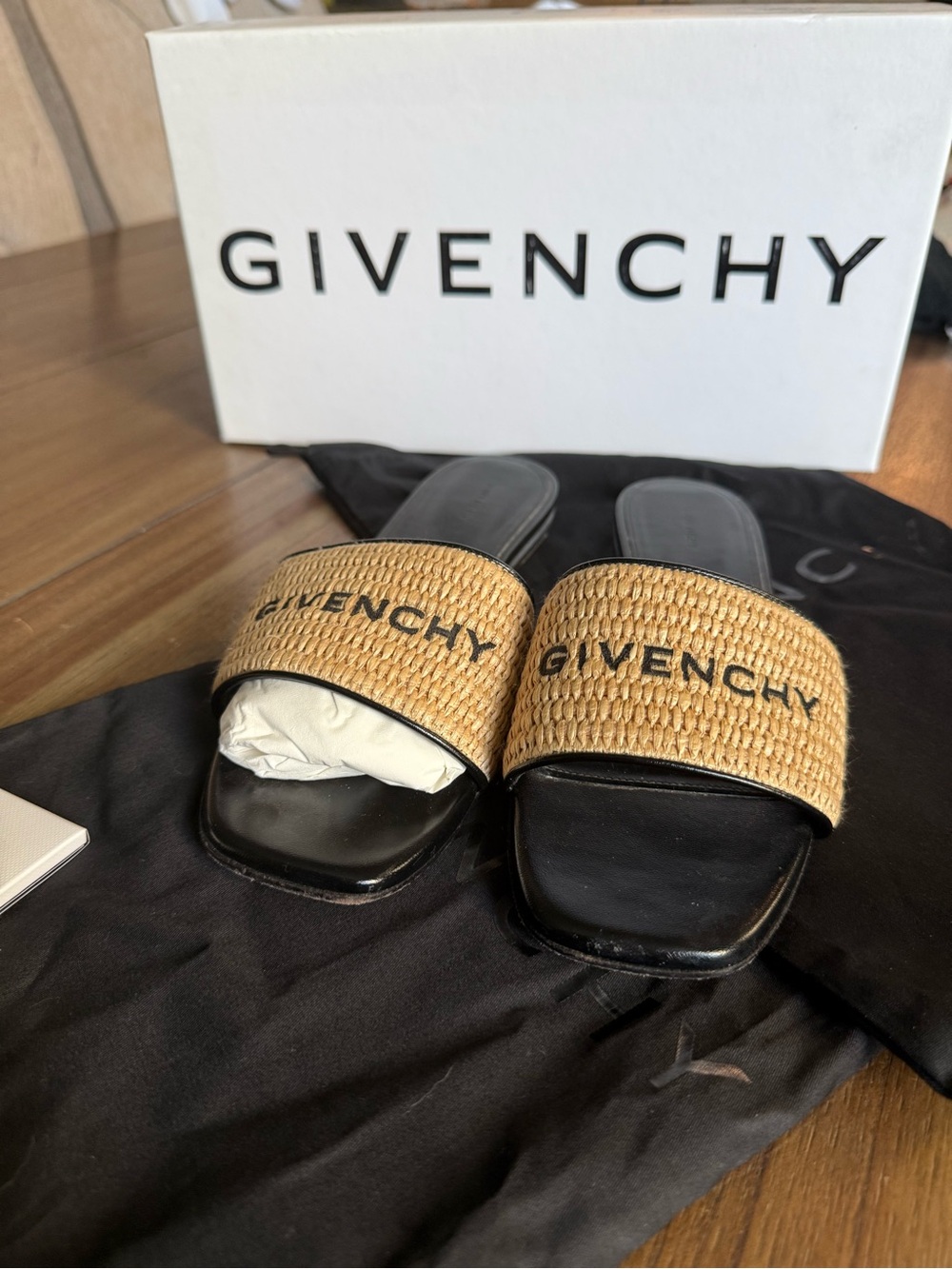 Givenchy Black Leather & Natural Raffia Slide Sandals
